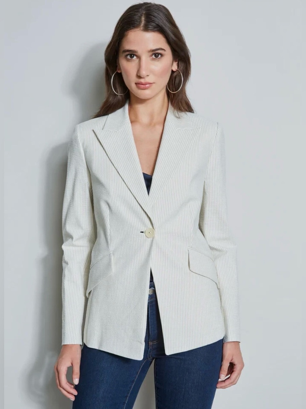 NWT Elie Tahari Limani Pinstripe Seersucker Blazer Jacket Size 10 MSRP $398